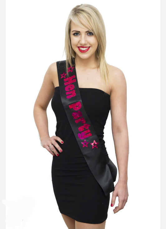 Black & hot pink holographic hen party sash reduced was £3.99 now £0.99